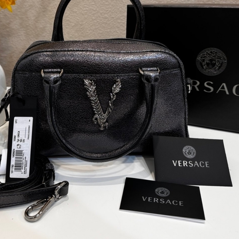Versace Metallic Black Calf Leather 2-way Handbag with Crossbody Original Strap💜